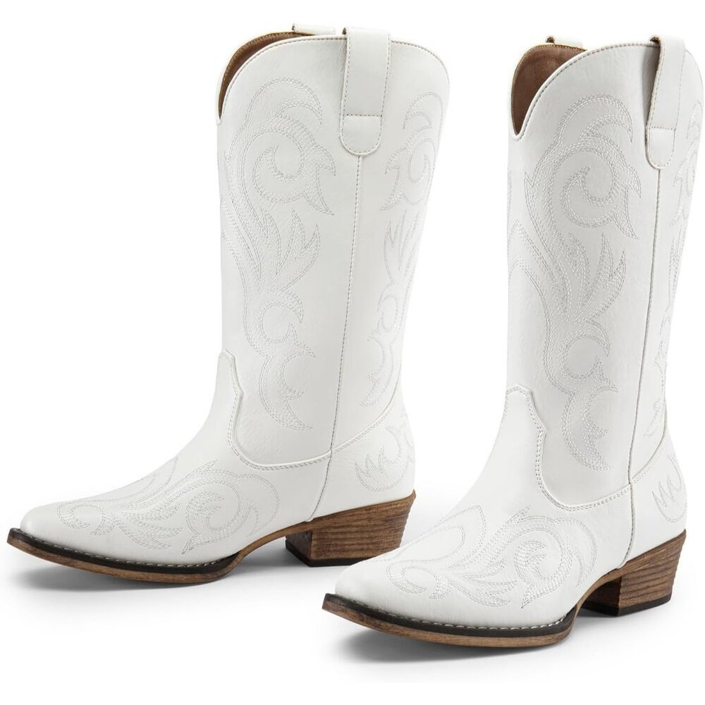 Dream Pairs Women's White Western Boots Mid Calf Cowgirl Boots Square Toe - Picture 5 of 6